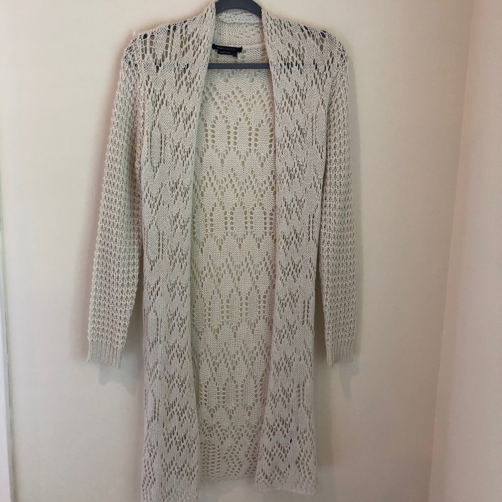 BCBGMAXAZRIA cream crochet duster, size M
